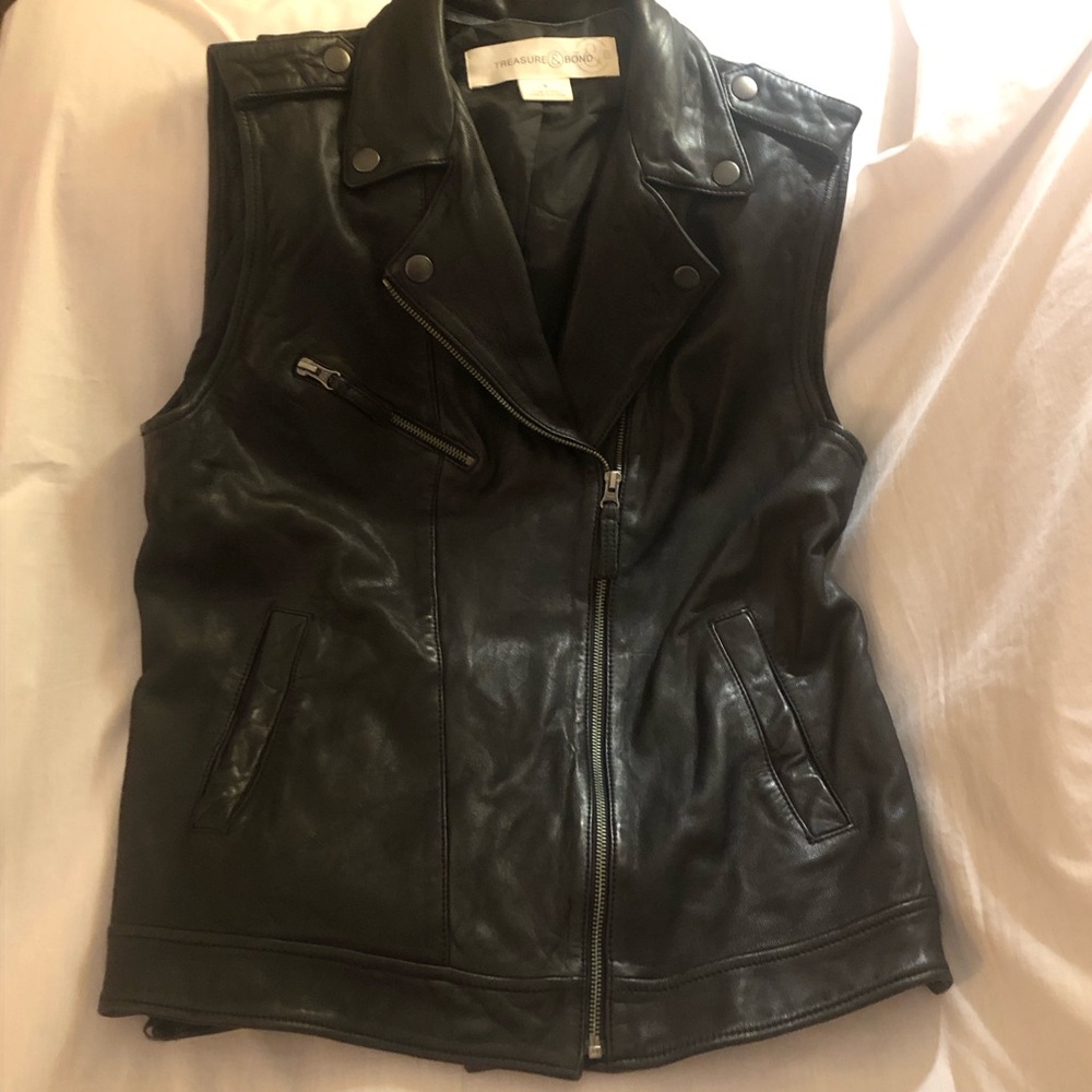 Treasure &Bond Black 100% Leather Vest Nordstrom Brand Biker Babe Women’s Small - Picture 6 of 14